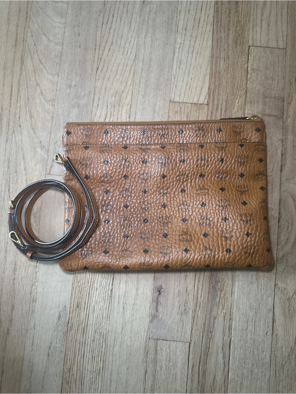 MCM Cognac Monogram Leather Crossbody Clutch with Removable Strap